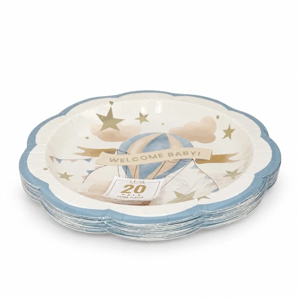 Luxe Collection Welcome Baby Hot Air Balloon Paper Plates 20 Pk Blue Gold 110-82